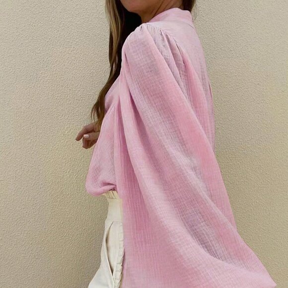 Baby Pink Casual Women's Batwing Lantern Sleeve Loose Shirt - Picture 2 of 4